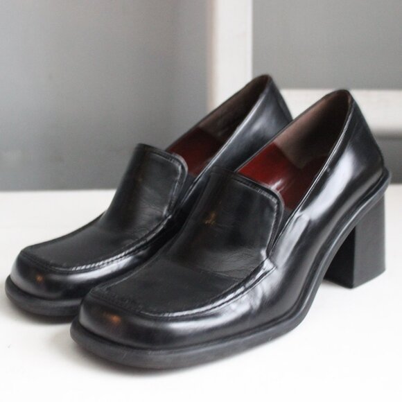 Nine West Women's Kinetic Black Leather Y2K Square Toe Loafer Heels Size 7 - Picture 2 of 8